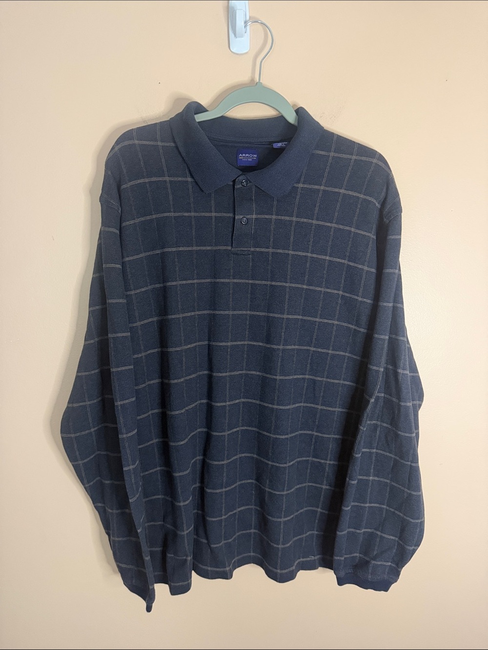 Arrow Men's Dark Blue Windowpane Long-Sleeve Polo